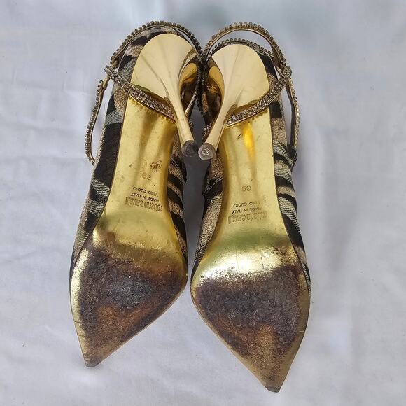 Roberto Cavalli Zebra Metallic Brocade Heels Gold Sole Pointed Toe EU 39 Italy - Picture 7 of 8